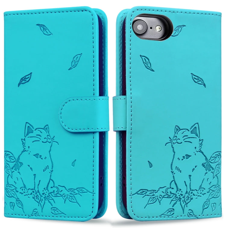 For iPhone 16e Cute Cat Embossed Leather Phone Case(Lake Blue) - iPhone 16e Cases by PMC TechLife | Online Shopping South Africa | PMC TechLife | Buy Now Pay Later Mobicred