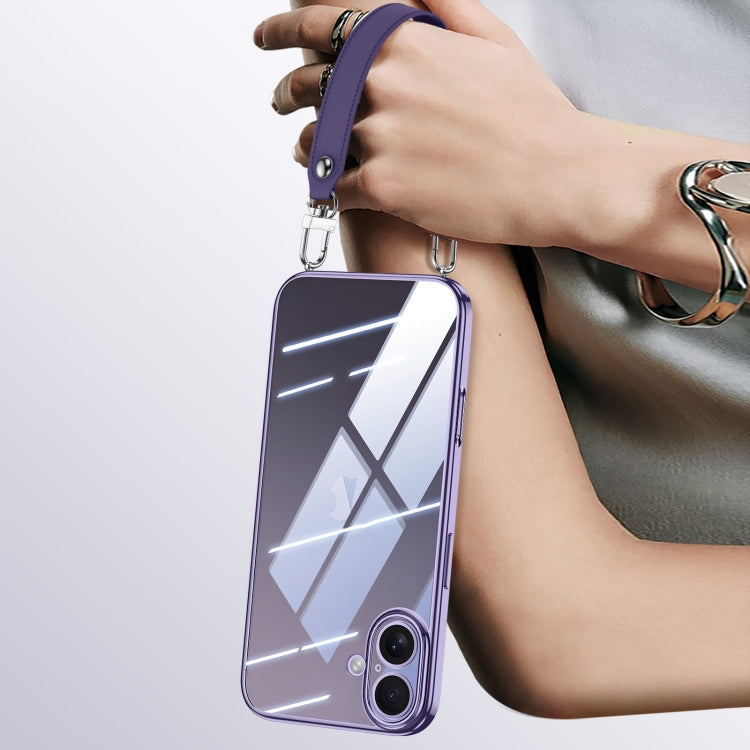 For iPhone 16 SULADA  Electroplated Clear TPU Soft Frame Phone Case with Wrist Strap(Purple) - iPhone 16 Cases by SULADA | Online Shopping South Africa | PMC Jewellery | Buy Now Pay Later Mobicred