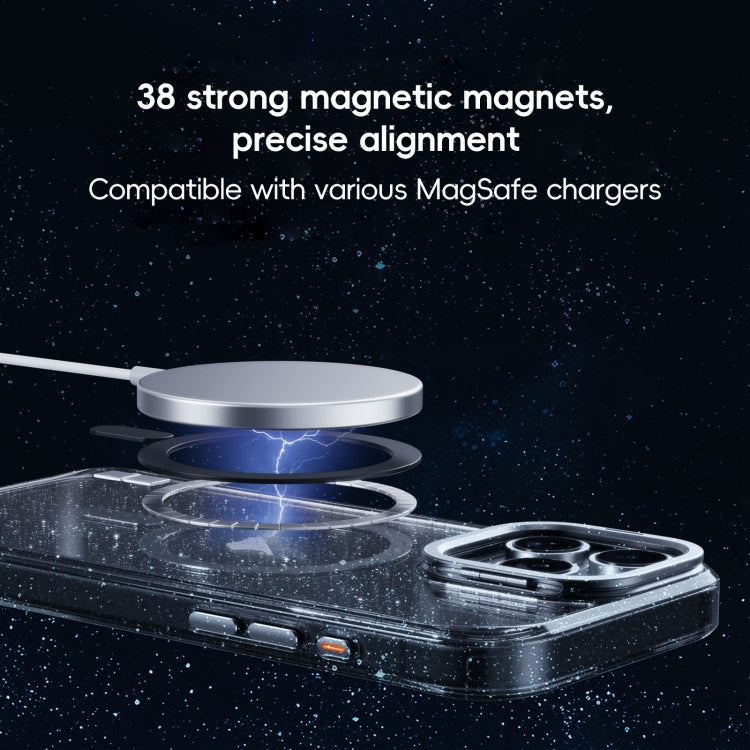 For iPhone 16 Glitter Powder Lens Holder MagSafe Magnetic Phone Case(Transparent Black) - iPhone 16 Cases by PMC Jewellery | Online Shopping South Africa | PMC Jewellery | Buy Now Pay Later Mobicred