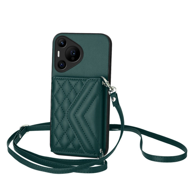 For Huawei Pura 70 Pro / 70 Pro+ Rhombic Texture Card Bag RFID Phone Case with Long Lanyard(Green) - Huawei Cases by PMC Jewellery | Online Shopping South Africa | PMC Jewellery | Buy Now Pay Later Mobicred