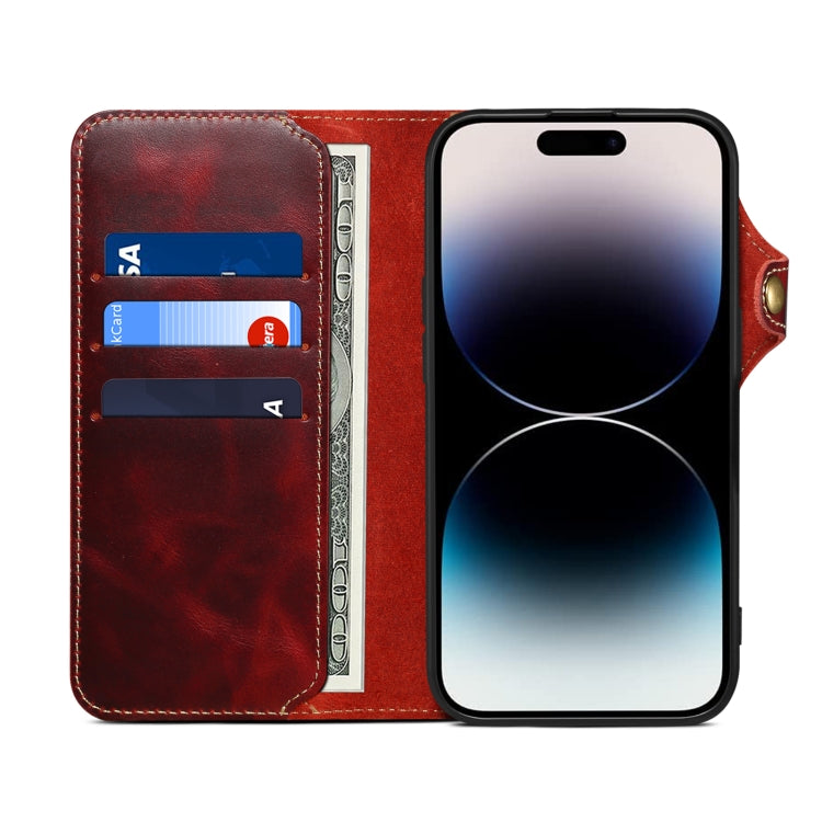 For iPhone 16 Pro Max Denior B01 Oil Wax Cowhide Magnetic Button Genuine Leather Case(Red) - iPhone 16 Pro Max Cases by Denior | Online Shopping South Africa | PMC Jewellery | Buy Now Pay Later Mobicred