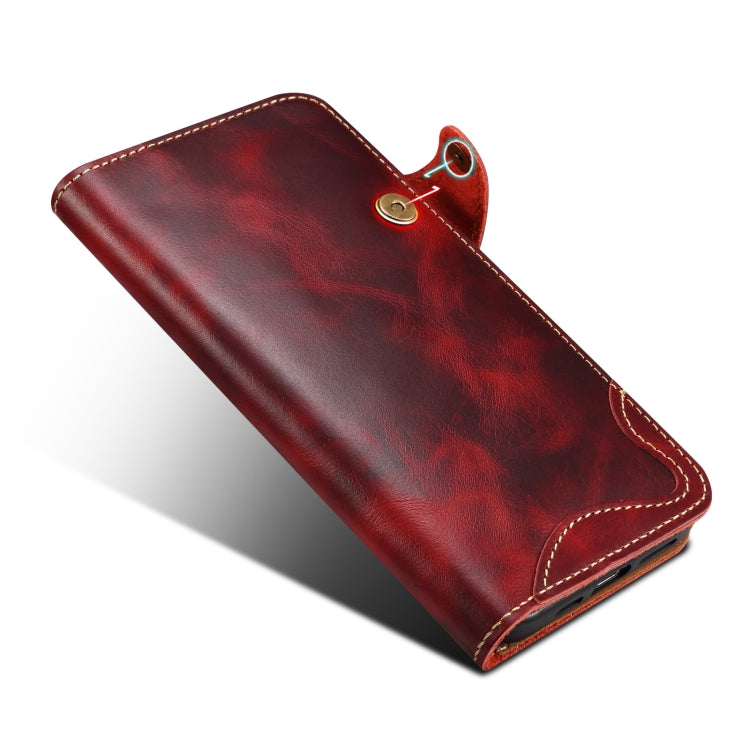 For iPhone 16 Pro Max Denior B01 Oil Wax Cowhide Magnetic Button Genuine Leather Case(Red) - iPhone 16 Pro Max Cases by Denior | Online Shopping South Africa | PMC Jewellery | Buy Now Pay Later Mobicred