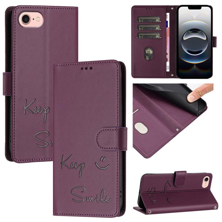 For iPhone 16e Smile Embossing RFID Leather Phone Case(Violet) - iPhone 16e Cases by PMC TechLife | Online Shopping South Africa | PMC TechLife | Buy Now Pay Later Mobicred