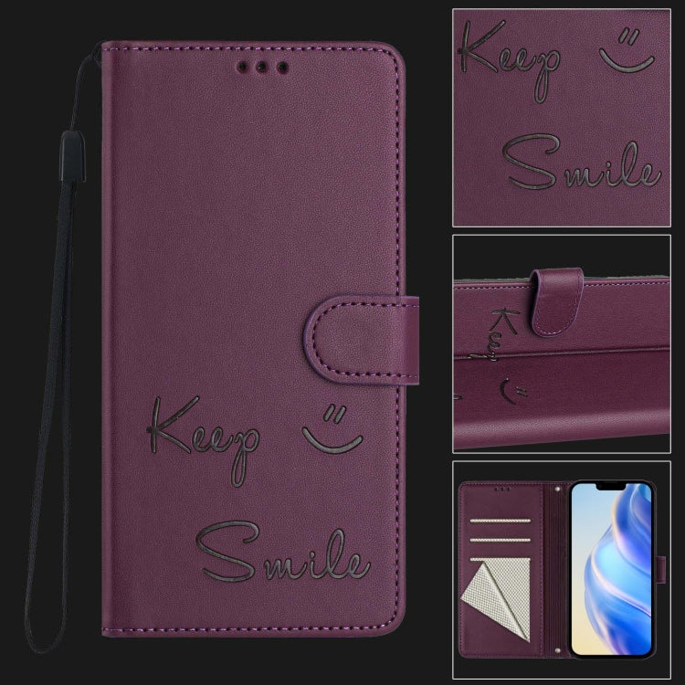 For iPhone 16e Smile Embossing RFID Leather Phone Case(Violet) - iPhone 16e Cases by PMC TechLife | Online Shopping South Africa | PMC TechLife | Buy Now Pay Later Mobicred