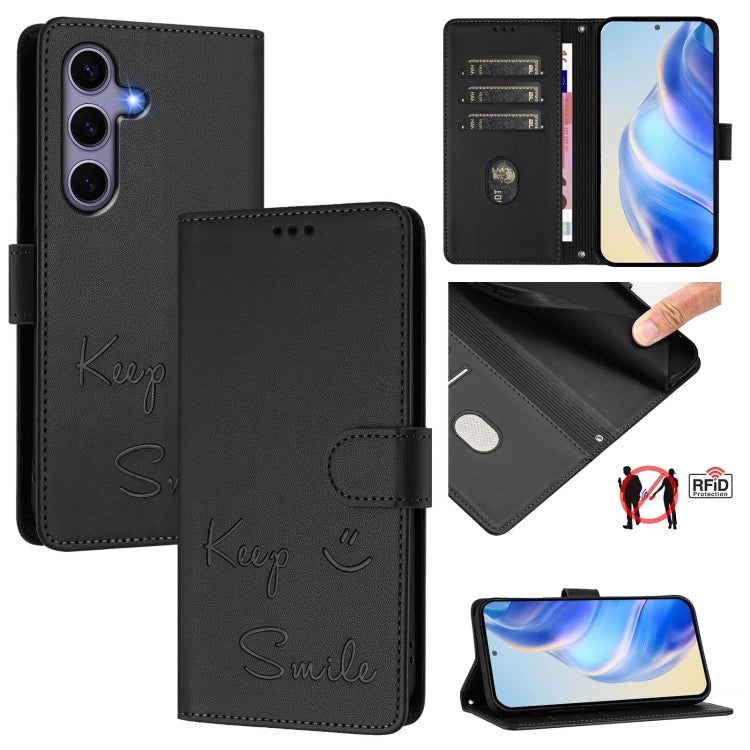 For Samsung Galaxy S25 5G Smile Embossing RFID Leather Phone Case(Black) - Galaxy S25 5G Cases by PMC TechLife | Online Shopping South Africa | PMC TechLife | Buy Now Pay Later Mobicred