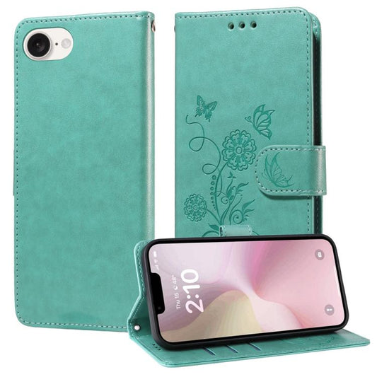 For iPhone 16e Embossed Butterfly Flowers Leather Phone Case(Green) - iPhone 16e Cases by PMC Jewellery | Online Shopping South Africa | PMC Jewellery | Buy Now Pay Later Mobicred