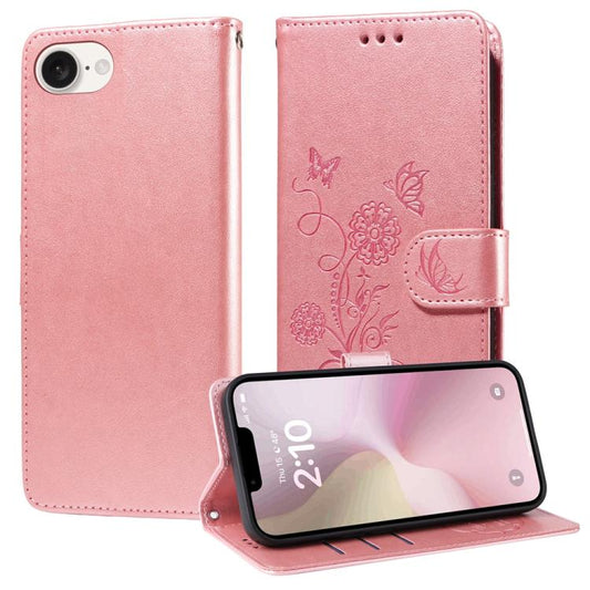 For iPhone 16e Embossed Butterfly Flowers Leather Phone Case(Rose Gold) - iPhone 16e Cases by PMC Jewellery | Online Shopping South Africa | PMC Jewellery | Buy Now Pay Later Mobicred