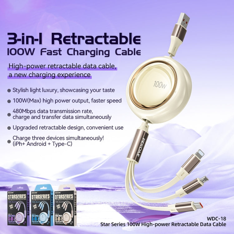 WK WDC-18 Star Series 1.2m 100W USB to 8 Pin / Type-C / Micro USB Retractable Data Cable(Beige) - Multifunction Cable by WK | Online Shopping South Africa | PMC Jewellery | Buy Now Pay Later Mobicred