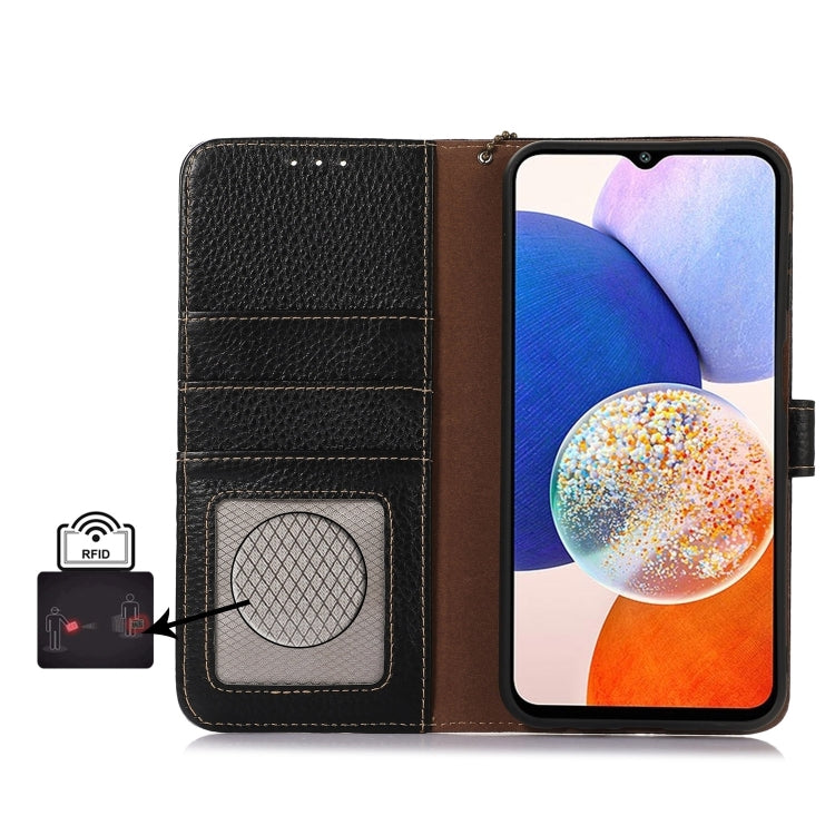 For Motorola Edge 50 Neo Genuine Leather Litchi Texture RFID Leather Phone Case(Black) - Motorola Cases by PMC TechLife | Online Shopping South Africa | PMC TechLife | Buy Now Pay Later Mobicred