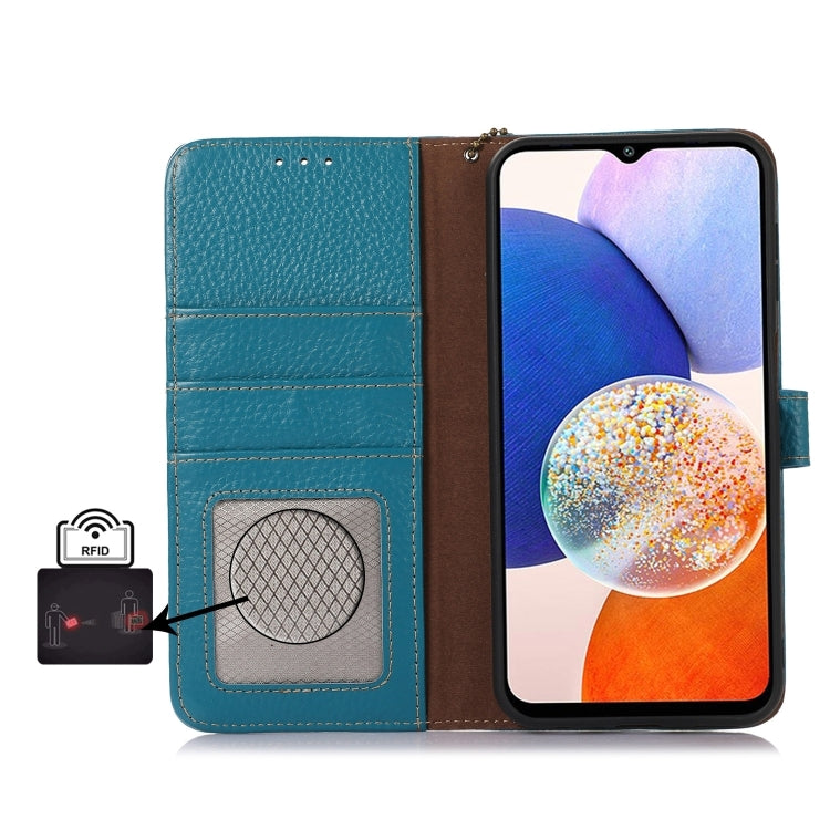 For Motorola Moto G35 Genuine Leather Litchi Texture RFID Leather Phone Case(Blue) - Motorola Cases by PMC TechLife | Online Shopping South Africa | PMC TechLife | Buy Now Pay Later Mobicred