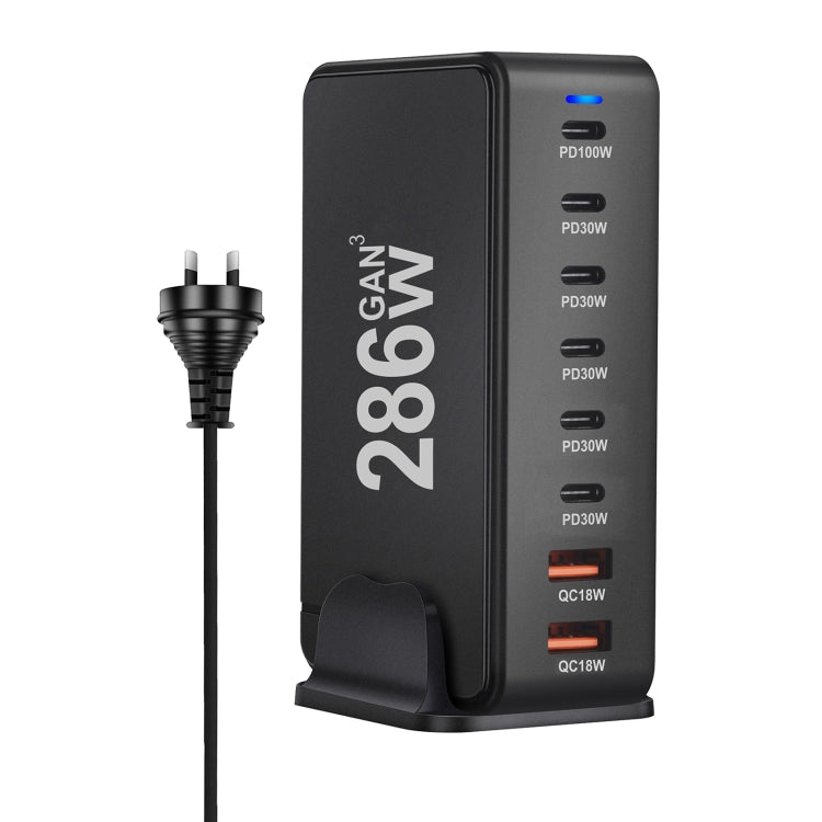 YMX-986 286W 6 Type-C, 2 USB 8-Ports Desktop Fast Charger, Plug Type:AU Plug(Black) - Multifunction Charger by PMC Jewellery | Online Shopping South Africa | PMC Jewellery | Buy Now Pay Later Mobicred