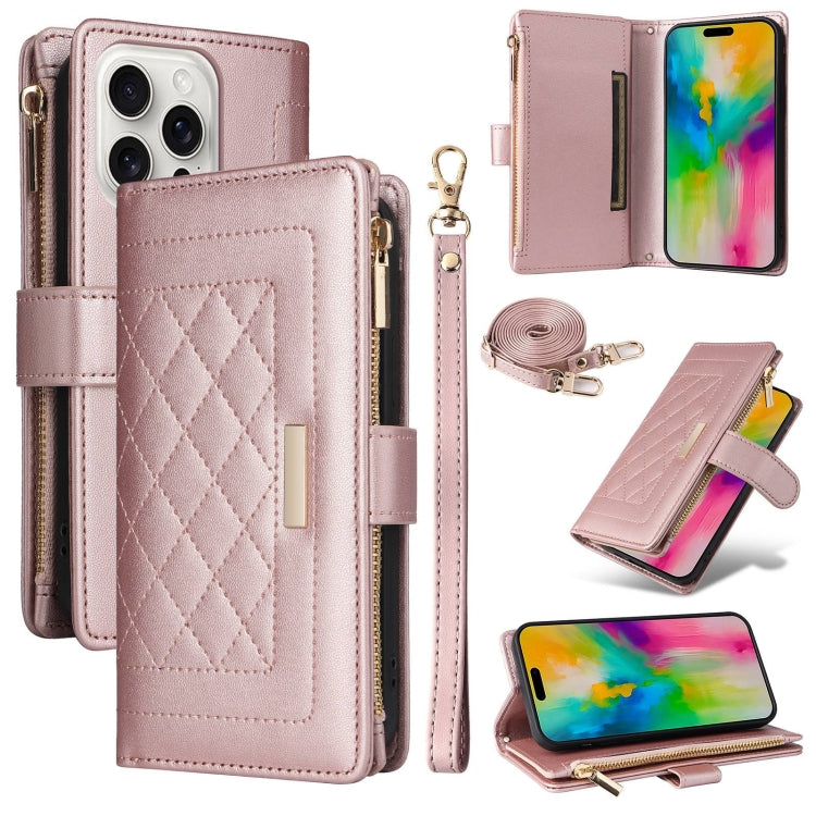 For iPhone 16 Pro Max Crossbody Zipper Wallet Rhombus Leather Phone Case(Rose Gold) - iPhone 16 Pro Max Cases by PMC Jewellery | Online Shopping South Africa | PMC Jewellery | Buy Now Pay Later Mobicred