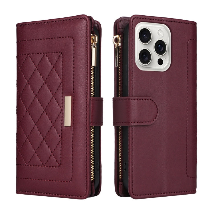 For iPhone 16 Pro Crossbody Zipper Wallet Rhombus Leather Phone Case(Wine Red) - iPhone 16 Pro Cases by PMC Jewellery | Online Shopping South Africa | PMC Jewellery | Buy Now Pay Later Mobicred