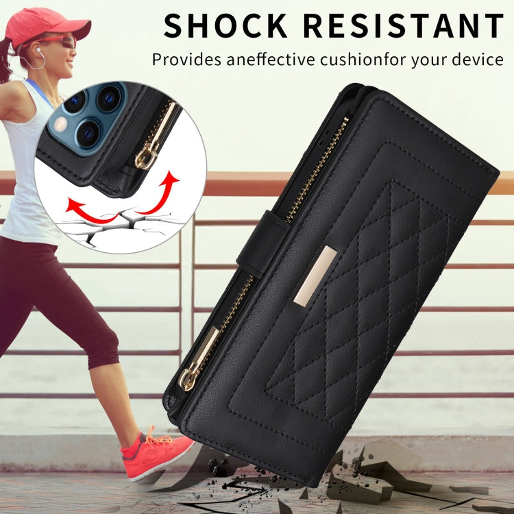 For iPhone 16 Plus Crossbody Zipper Wallet Rhombus Leather Phone Case(Black) - free shipping - PMC Jewellery - Order now!