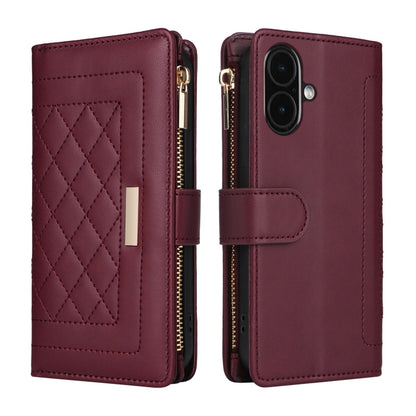 For iPhone 16 Plus Crossbody Zipper Wallet Rhombus Leather Phone Case(Wine Red) - iPhone 16 Plus Cases by PMC Jewellery | Online Shopping South Africa | PMC Jewellery | Buy Now Pay Later Mobicred