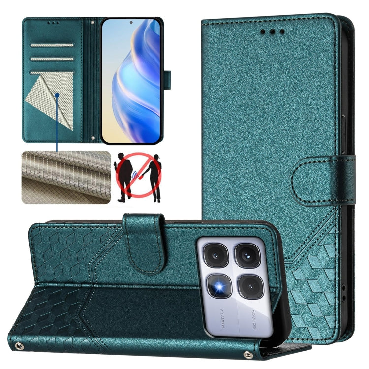 For Redmi K70 Ultra 5G Honeycomb Embossing RFID Leather Phone Case(Peacock Green) - Xiaomi Cases by PMC Jewellery | Online Shopping South Africa | PMC Jewellery | Buy Now Pay Later Mobicred