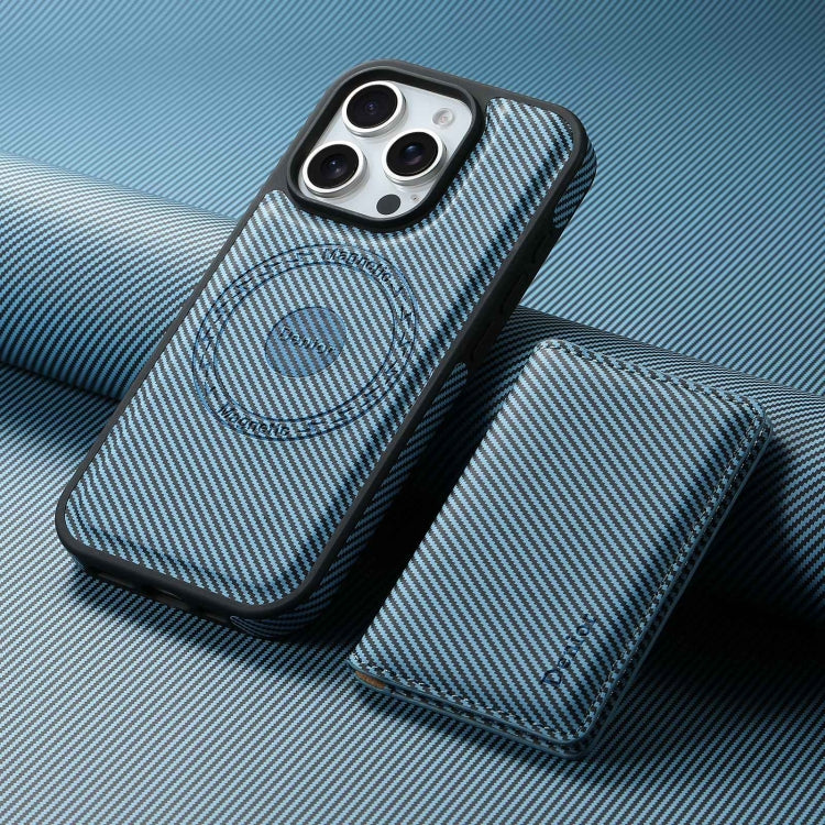 For iPhone 16 Pro Max Denior Carbon Fiber Texture Leather Card Bag MagSafe Phone Case(Blue) - iPhone 16 Pro Max Cases by Denior | Online Shopping South Africa | PMC Jewellery | Buy Now Pay Later Mobicred