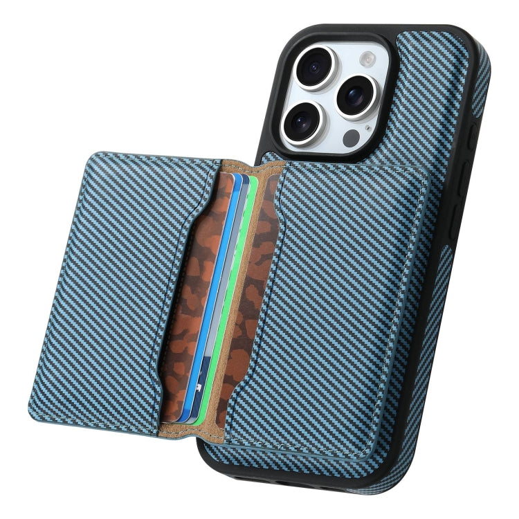 For iPhone 16 Pro Denior Carbon Fiber Texture Leather Card Bag MagSafe Phone Case(Blue) - iPhone 16 Pro Cases by Denior | Online Shopping South Africa | PMC Jewellery | Buy Now Pay Later Mobicred