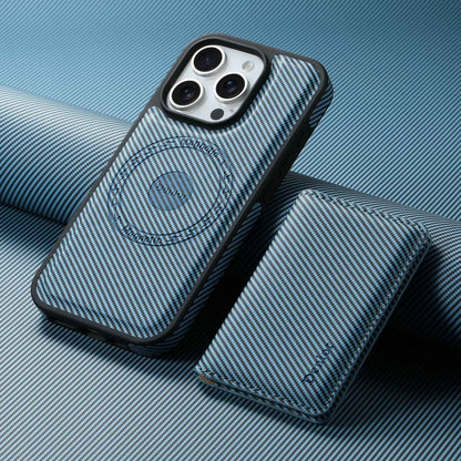 For iPhone 16 Pro Denior Carbon Fiber Texture Leather Card Bag MagSafe Phone Case(Blue) - iPhone 16 Pro Cases by Denior | Online Shopping South Africa | PMC Jewellery | Buy Now Pay Later Mobicred