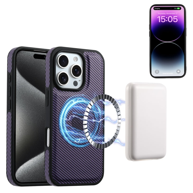 For iPhone 16 Pro Denior Carbon Fiber Texture Leather Card Bag MagSafe Phone Case(Purple) - iPhone 16 Pro Cases by Denior | Online Shopping South Africa | PMC Jewellery | Buy Now Pay Later Mobicred