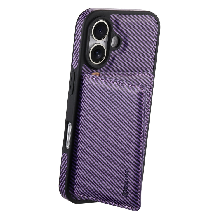 For iPhone 16 Plus Denior Carbon Fiber Texture Leather Card Bag MagSafe Phone Case(Purple) - iPhone 16 Plus Cases by Denior | Online Shopping South Africa | PMC Jewellery | Buy Now Pay Later Mobicred