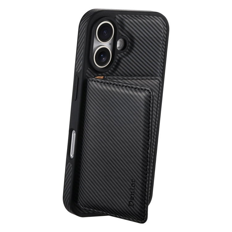 For iPhone 16 Denior Carbon Fiber Texture Leather Card Bag MagSafe Phone Case(Black) - iPhone 16 Cases by Denior | Online Shopping South Africa | PMC Jewellery | Buy Now Pay Later Mobicred