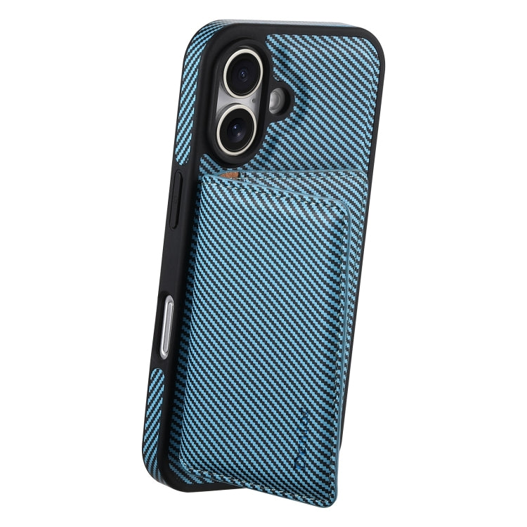 For iPhone 16 Denior Carbon Fiber Texture Leather Card Bag MagSafe Phone Case(Blue) - iPhone 16 Cases by Denior | Online Shopping South Africa | PMC Jewellery | Buy Now Pay Later Mobicred