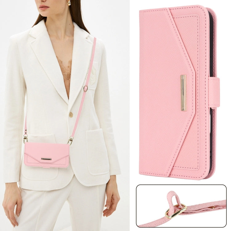 For iPhone 16 Plus Cross Texture Crossbody Lanyard Leather Phone Case(Pink) - iPhone 16 Plus Cases by PMC Jewellery | Online Shopping South Africa | PMC Jewellery | Buy Now Pay Later Mobicred