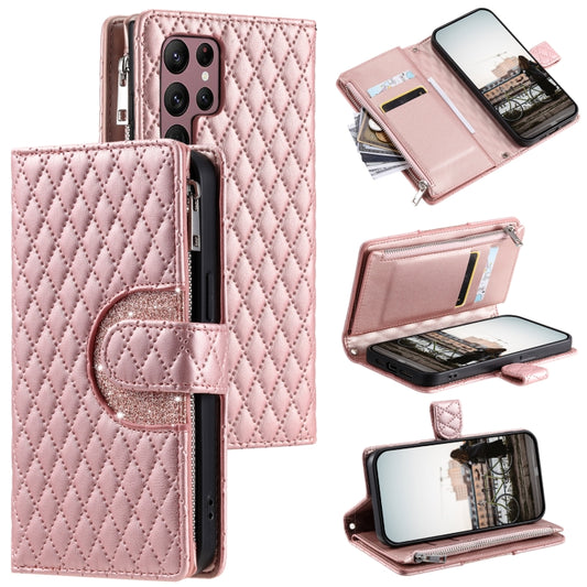 For Samsung Galaxy S25 Ultra 5G Glitter Lattice Zipper Wallet Leather Phone Case(Rose Gold) - Galaxy S25 Ultra 5G Cases by PMC Jewellery | Online Shopping South Africa | PMC Jewellery | Buy Now Pay Later Mobicred