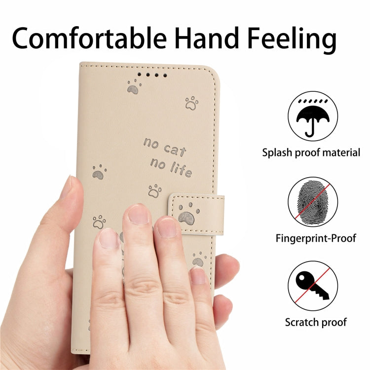For iPhone 16e Embossed Kitten Phone Leather Case with Lanyard(Beige) - iPhone 16e Cases by PMC TechLife | Online Shopping South Africa | PMC TechLife | Buy Now Pay Later Mobicred