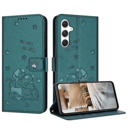 For Samsung Galaxy S25 / S24 5G Embossed Kitten Phone Leather Case with Lanyard(Dark Green) - Galaxy S24 5G Cases by PMC Jewellery | Online Shopping South Africa | PMC Jewellery | Buy Now Pay Later Mobicred