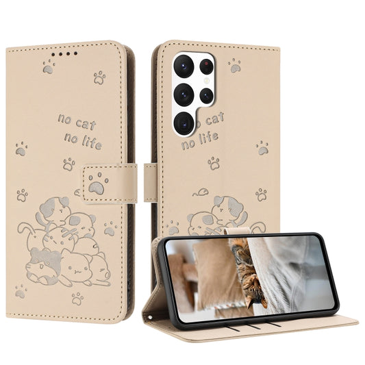 For Samsung Galaxy S25 Ultra 5G Embossed Kitten Phone Leather Case with Lanyard(Beige) - Galaxy S25 Ultra 5G Cases by PMC Jewellery | Online Shopping South Africa | PMC Jewellery | Buy Now Pay Later Mobicred