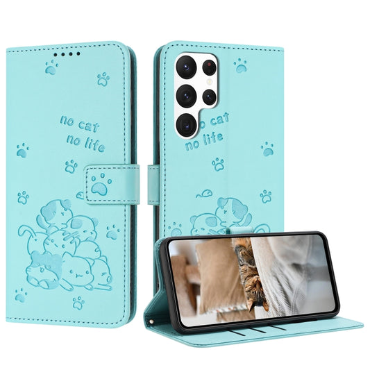 For Samsung Galaxy S25 Ultra 5G Embossed Kitten Phone Leather Case with Lanyard(Mint Green) - Galaxy S25 Ultra 5G Cases by PMC Jewellery | Online Shopping South Africa | PMC Jewellery | Buy Now Pay Later Mobicred