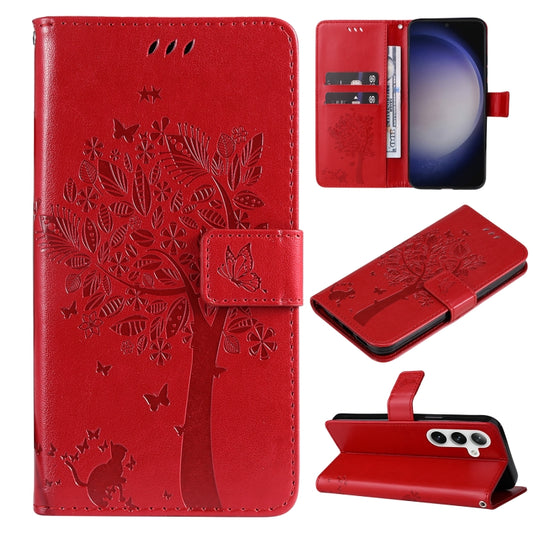 For Samsung Galaxy S25 / S24 5G Tree & Cat Embossed Pattern Flip Leather Phone Case(Red) - Galaxy S25 5G Cases by PMC Jewellery | Online Shopping South Africa | PMC Jewellery | Buy Now Pay Later Mobicred