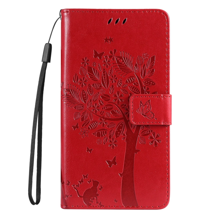 For Samsung Galaxy S25 / S24 5G Tree & Cat Embossed Pattern Flip Leather Phone Case(Red) - Galaxy S25 5G Cases by PMC Jewellery | Online Shopping South Africa | PMC Jewellery | Buy Now Pay Later Mobicred