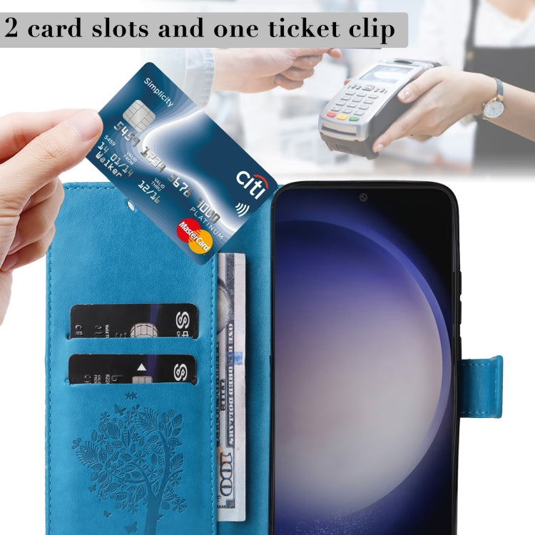 For Samsung Galaxy S25+ / S24+ 5G Tree & Cat Embossed Pattern Flip Leather Phone Case(Blue) - free shipping - PMC Jewellery - Order now!