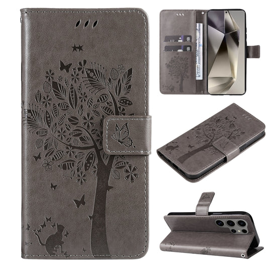 For Samsung Galaxy S25 Ultra 5G Tree & Cat Embossed Pattern Flip Leather Phone Case(Grey) - Galaxy S25 Ultra 5G Cases by PMC Jewellery | Online Shopping South Africa | PMC Jewellery | Buy Now Pay Later Mobicred