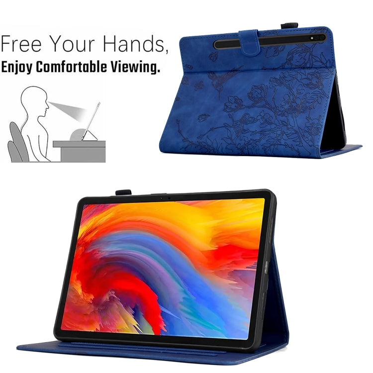 For Samsung Galaxy Tab S9 Flowers and Bird Embossed Smart Leather Tablet Case(Dark Blue) - Galaxy Tab S9 Cases by PMC Jewellery | Online Shopping South Africa | PMC Jewellery | Buy Now Pay Later Mobicred