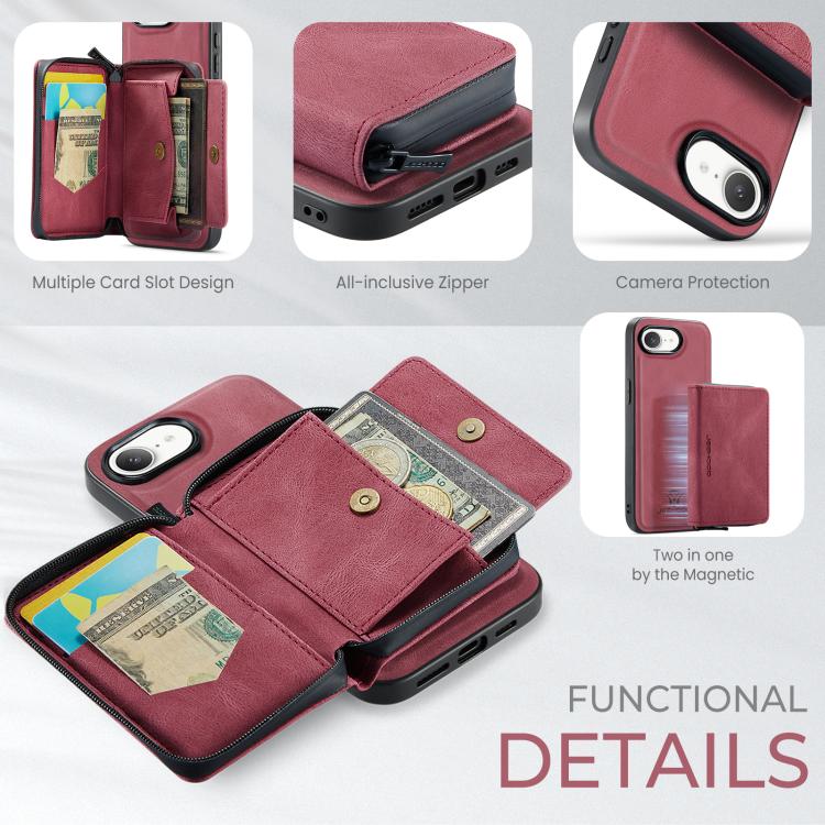 For iPhone 16e JEEHOOD J02 Magnetic Zipper Horizontal Flip Leather Phone Case(Red) - free shipping - PMc TechLife - Order now!