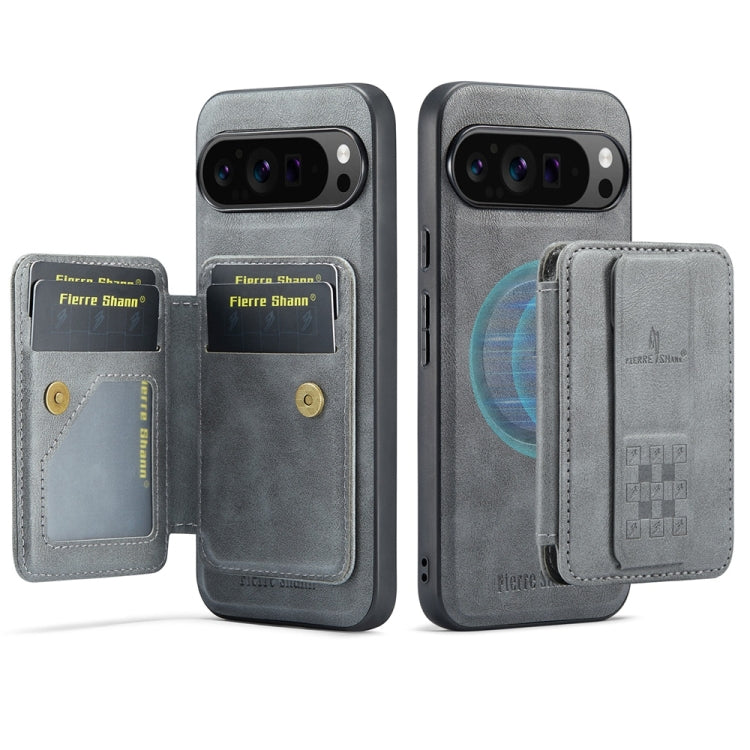 For Google Pixel 9 Pro XL Fierre Shann Cowhide Horizontal Flip Magnetic Card Holder Phone Case(Grey) - Google Cases by FIERRE SHANN | Online Shopping South Africa | PMC TechLife | Buy Now Pay Later Mobicred