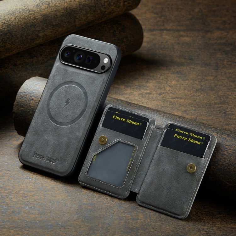 For Google Pixel 9 Pro XL Fierre Shann Cowhide Horizontal Flip Magnetic Card Holder Phone Case(Grey) - Google Cases by FIERRE SHANN | Online Shopping South Africa | PMC TechLife | Buy Now Pay Later Mobicred