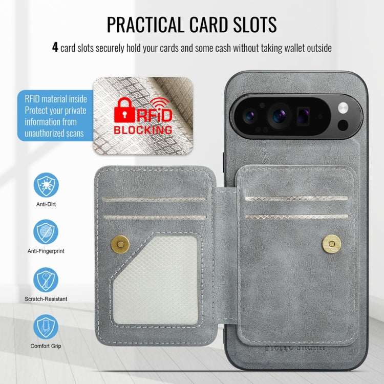 For Google Pixel 9 Pro XL Fierre Shann Cowhide Horizontal Flip Magnetic Card Holder Phone Case(Grey) - Google Cases by FIERRE SHANN | Online Shopping South Africa | PMC TechLife | Buy Now Pay Later Mobicred