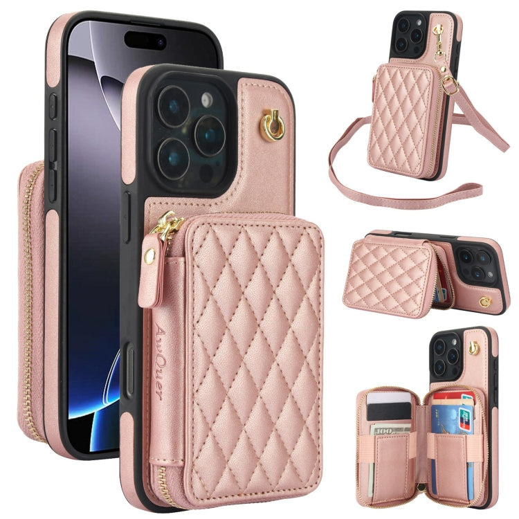 For iPhone 16 Pro Max AwQuer Crossbody Zipper Wallet Rhombic Leather Back Phone Case(Rose Gold) - iPhone 16 Pro Max Cases by Awquer | Online Shopping South Africa | PMC Jewellery | Buy Now Pay Later Mobicred