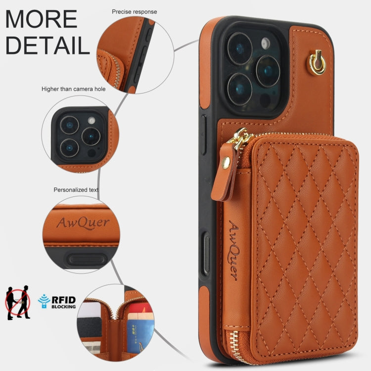 For iPhone 16 Pro Max AwQuer Crossbody Zipper Wallet Rhombic Leather Back Phone Case(Brown) - iPhone 16 Pro Max Cases by Awquer | Online Shopping South Africa | PMC Jewellery | Buy Now Pay Later Mobicred