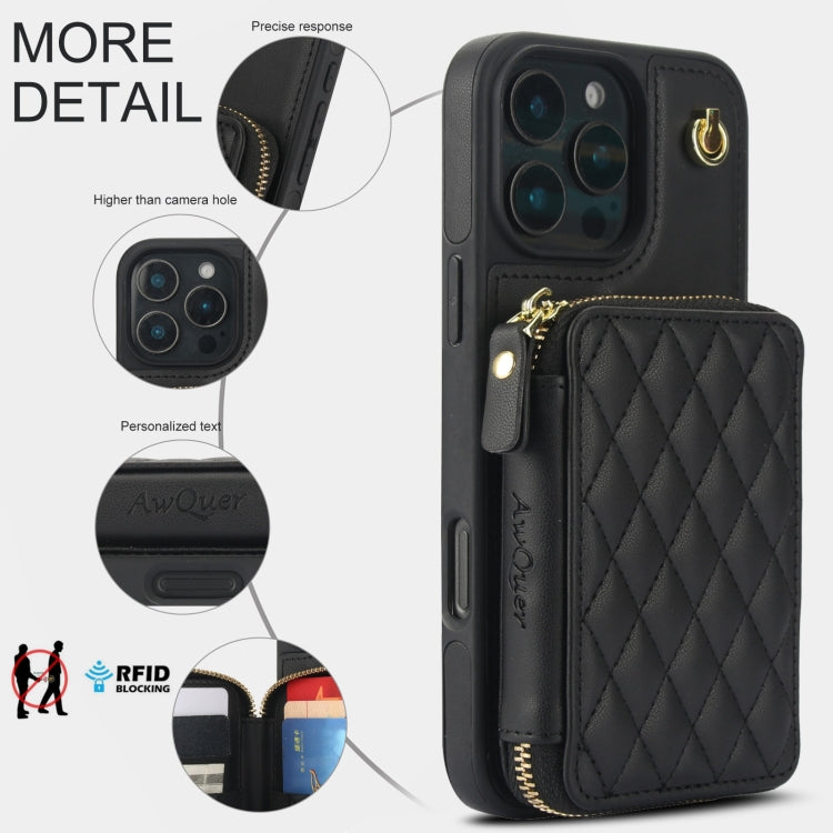 For iPhone 16 Pro AwQuer Crossbody Zipper Wallet Rhombic Leather Back Phone Case(Black) - iPhone 16 Pro Cases by Awquer | Online Shopping South Africa | PMC Jewellery | Buy Now Pay Later Mobicred