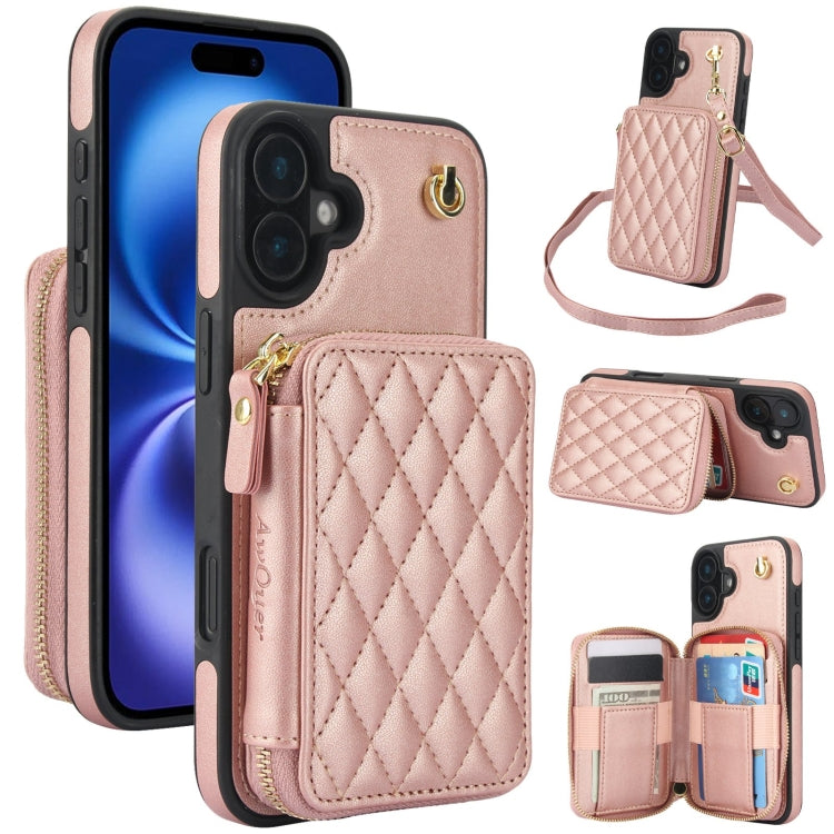 For iPhone 16 AwQuer Crossbody Zipper Wallet Rhombic Leather Back Phone Case(Rose Gold) - iPhone 16 Cases by Awquer | Online Shopping South Africa | PMC Jewellery | Buy Now Pay Later Mobicred