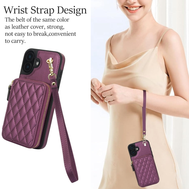 For iPhone 16 AwQuer Crossbody Zipper Wallet Rhombic Leather Back Phone Case(Dark Purple) - iPhone 16 Cases by Awquer | Online Shopping South Africa | PMC Jewellery | Buy Now Pay Later Mobicred