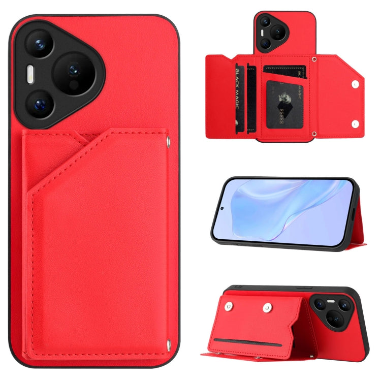 For Huawei Pura 70 Skin Feel Four Card Slots Phone Case with Wrist Strap(Red) - Huawei Cases by PMC Jewellery | Online Shopping South Africa | PMC Jewellery | Buy Now Pay Later Mobicred