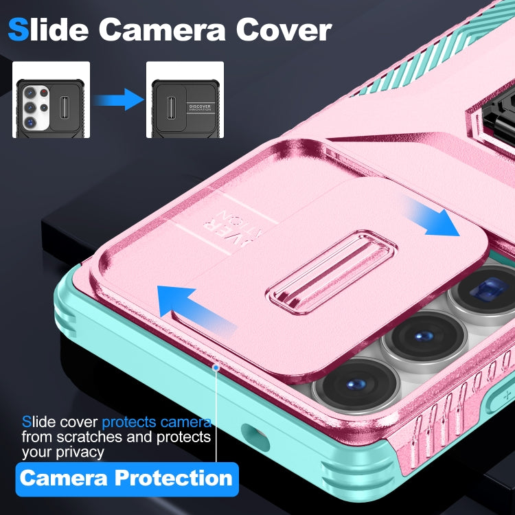 For Samsung Galaxy S25 Ultra 5G Sliding Camshield Holder Phone Case(Pink + Grey Green) - Galaxy S25 Ultra 5G Cases by PMC Jewellery | Online Shopping South Africa | PMC Jewellery | Buy Now Pay Later Mobicred