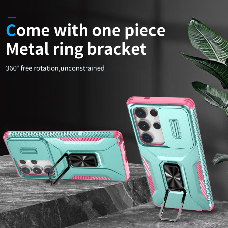 For Samsung Galaxy S25 Ultra 5G Sliding Camshield Holder Phone Case(Grey Green + Pink) - Galaxy S25 Ultra 5G Cases by PMC Jewellery | Online Shopping South Africa | PMC Jewellery | Buy Now Pay Later Mobicred